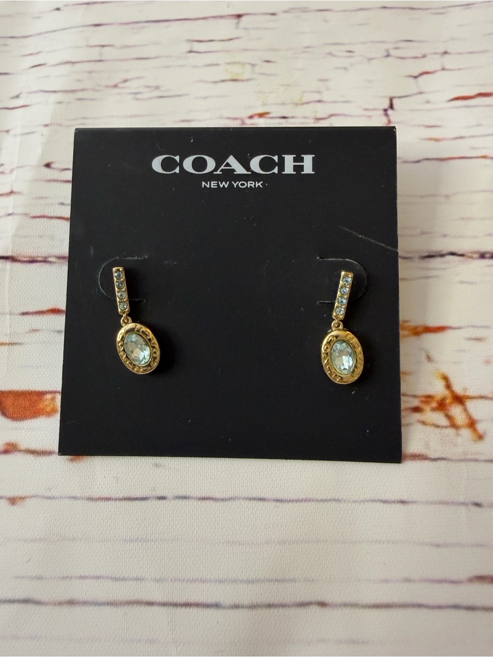 COACH NWT Signature Logo Stone Bar Drop Earrings - Gold/Light Blue Crystal